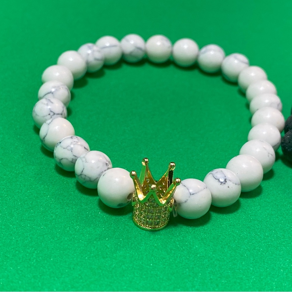 White Turquoise Bracket- with gold crown accents. (Unisex)